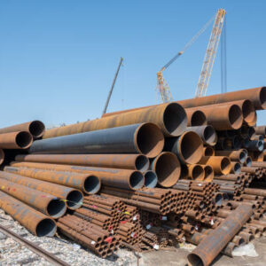 A pile of large steel pipes is piled on the construction site